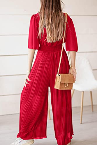 Prettygarden Women's Jumpsuits Casual Wrap V Neck Ruffle Sleeve Wide Leg Flowy Romper One Piece Summer Outfits (Red,Large) #TOP3