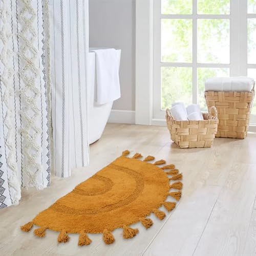 Image of Half Circle Boho Bathroom Rugs with Tassels 100% Cotton Hand-Woven Bath Mat Non Slip Absorbent Bath Rugs with Rug Pad Washable Boho Bath Mat Carpet for Tub, Shower 20 inchx32 inch,Mustard
