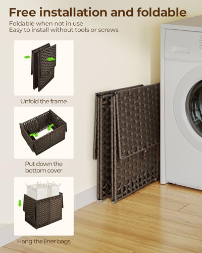Greenstell-Laundry-Hamper-with-Lid-and-2-1-Removable-Liner-Bags-No-Install-Needed-130L-Collapsible-Laundry-Basket-Wicker-Clothes-Hamper-with-Handles-Hamper-for-Bedroom-Bathroom-Brown Greenstell Laundry Hamper with Lid and 2 1 Removable Liner Bags No Install Needed 130L Collapsible Laundry Basket Wicker Clothes Hamper with Handles Hamper for Bedroom Bathroom Brown