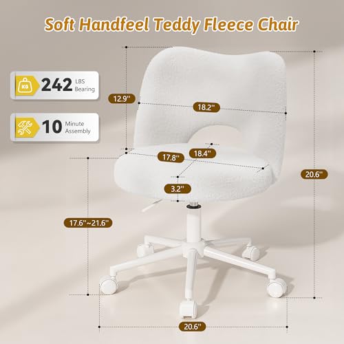 Image of DurayLoly Vanity Chair with Open Back & Wheels,Armless | Fluffy Teddy Fabric ,Armless, Height Adjustable, for Makeup Room, Bedroom,Cream
