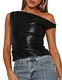 Limerose Womens Off Shoulder Top Sleeveless Shirts Faux Leather Slim Fitted Tank Top Black