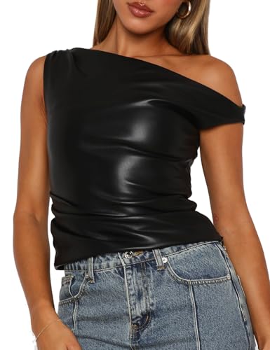Limerose Womens Off Shoulder Top Sleeveless Shirts Faux Leather Slim Fitted Tank Top