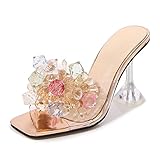 fereshte Women's Crystal Flower Heels Square Toe Heeled Mule Stiletto Dress Party Wedding Sandals Gold 40-25cm - US 8