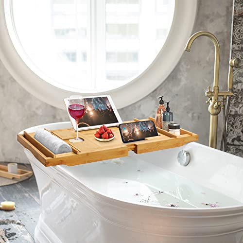 Pont de baignoire extensible bambou noir Todeco plateau de bain luxe avec supports pour livre et verre
