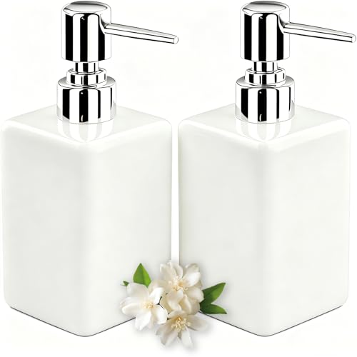 Image of 2PSC White Ceramic Soap Dispenser - 320ml/11oz Square Design with Long Spout & Rustproof Pump, Refillable for Shampoo/Liquid Soap, Bathroom & Kitchen Essential