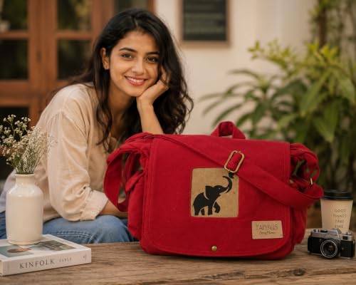 Image of Rough Canvas Cotton Messenger Sling Bag, (32x23x10cm, 7.5L) Medium Size. Patching with Elephant Design