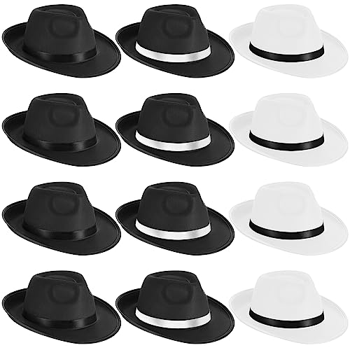 Image of Toulite 12 Pcs Hats Gangster Hat for Men Women 1920s Party Gentlemen Unisex Hat Felt Mobster Men's Costume Headwear, 3 Styles, 21.5 Inch Head Circumference