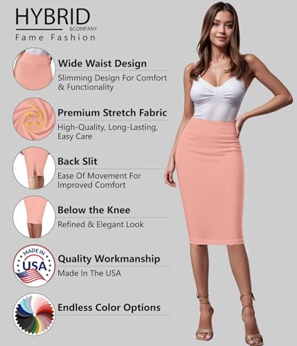 Image of Hybrid & Company Women's Premium Nylon Ponte Stretch High Waist Pencil Suit Skirt Below Knee
