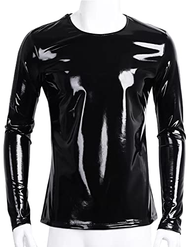 Image of AIEOE Men's Leather Metallic Shirts Shiny Slim Fit Stretch Top Wetlook Club Party Undershirts