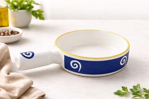 Image of Niyara Stoneware Handmade Ceramic Stylish Premium Serving Bowls /Salad Tray Microwave Dishwasher Safe (Blue Design Bowl with Handle)