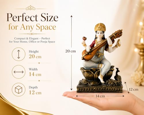 Image of ARMONIA Saraswati Devi Idol with Veena 7.8 Inch Home Decor |Polystone Figurine Marble Looks|Maa Saraswati Murti for Pooja,Mandir,Showpiece & Gifting Item|Best Religious Gift for Wedding & Housewarming