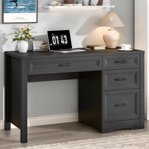 Image of Vabches Farmhouse Executive Desk with Storage and Ample File Drawer, Rustic Large Home Writing Desk for Bedroom, Pure Black