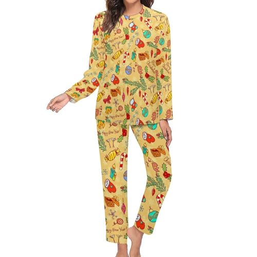 Pyjama jaune de Noël femme ensemble deux pièces fluide en maille douce - 3