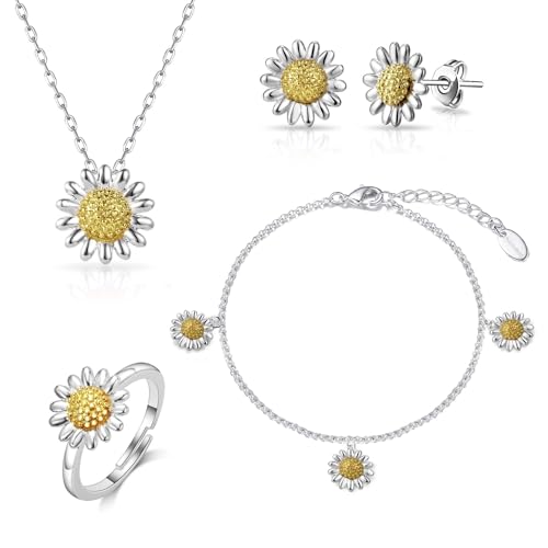 Juego de pulseras de margaritas de 4 piezas en plata con esmalte blanco