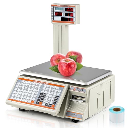Bonvoisin Label Printing Scale 66lbs Capacity Price Computing Scale Pole Display with Label and Receipt Printer Commercial Barcode Scale for Retail Store, Supermarket and Farm