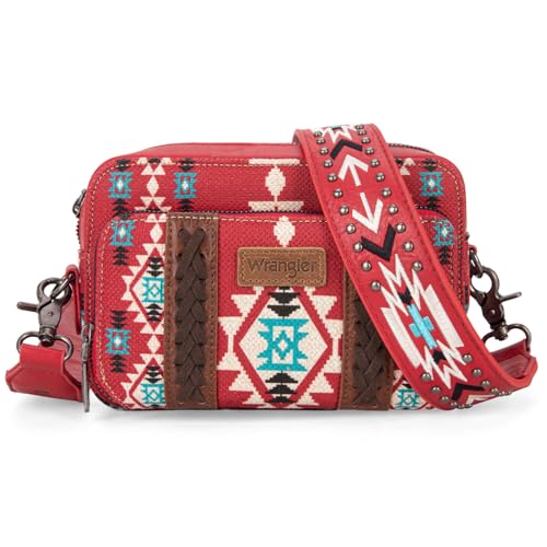 Wrangler Crossbody Bag for Women Boho Aztec Small Western Shoulder Bag with Wide Guitar Strap Gift Red WG2207-3005RD