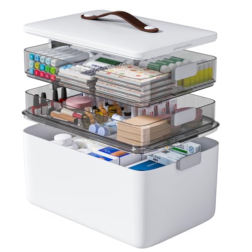 Image of funest 3-Tier Medicine Craft,Sewing,Art,Organizer Storage,Portable Latch Bin with Lid and Leather Handle,Pill Bottle, First Aid, A Household Essential