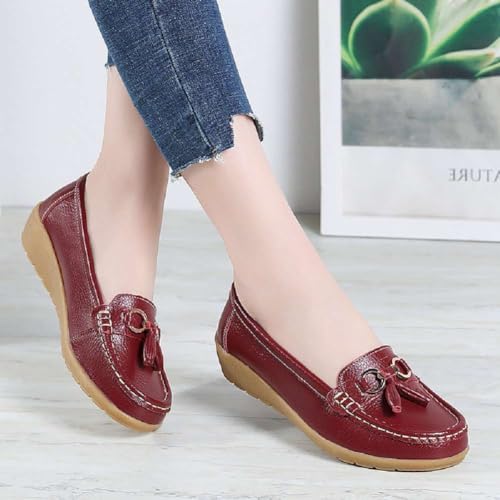 Image of Women's Genuine Leather Platform Loafers Classic Casual Comfort Slip-On Shoes Soft Sole Dress Shoes