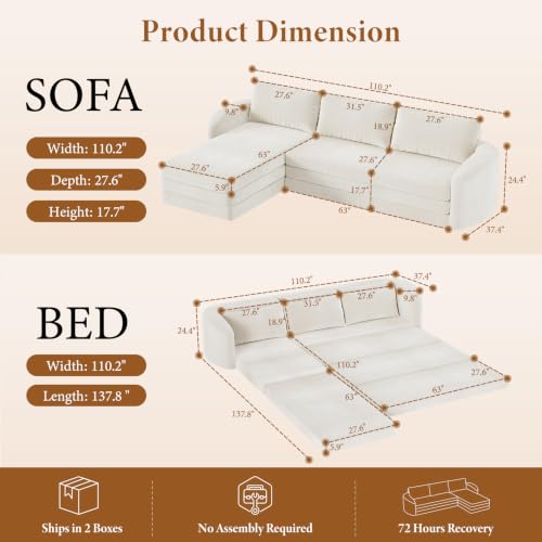 Image of Vesgantti 6 in 1 Convertible Folding Sleeper Sofa Bed, No Assembly, Beige | 110.2 inch L Shaped Modular Sectional Sofa, Curved Armrest, Deep Seat Boneless Couches for Living Room, Chenille, Left Facing