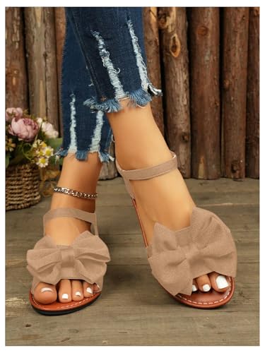 Image of GORGLITTER Women's Bow Flat Sandals 2026 Dressy Cute Ankle Strap Slides | Summer Shoes for Women 2026, Slip On Open Toe Flats, Slingback Slides, Vacation Dress Sandals