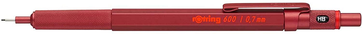rOtring Juego de 600 portaminas - Rojo | Lápiz metálico recargable de 0,7 mm + 2 minas HB + estuche de terciopelo rojo | Agarre moleteado | Herramienta de dibujo y escritura para profesionales