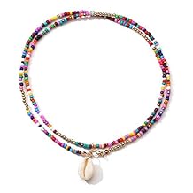 Boho Rainbow Beaded Choker Necklace Beach Seed Beads Necklaces for Women Teen Girls Multi Colorful Shell Pendant Bead Layered Neck Chain Jewelry