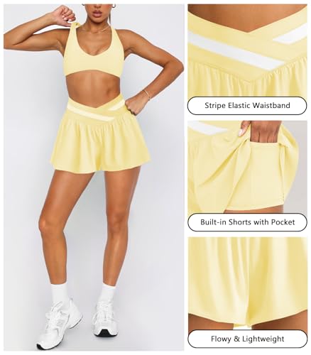 Womens Athletic Workout Shorts Flowy Butterfly Elastic Crossover High Waisted 2 in 1 Running Shorts Pockets for Women4