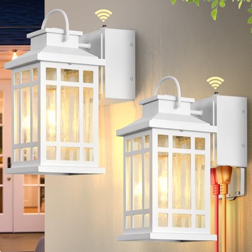 Image of Outdoor Wall Light with GFCI Outlet, White 2-Pack Outside Lanterns for Porch Wall Mount, Dusk to Dawn Outdoor Lighting for House, Garage, Entryway, Doorway, Aluminum Waterproof and Anti-Rust