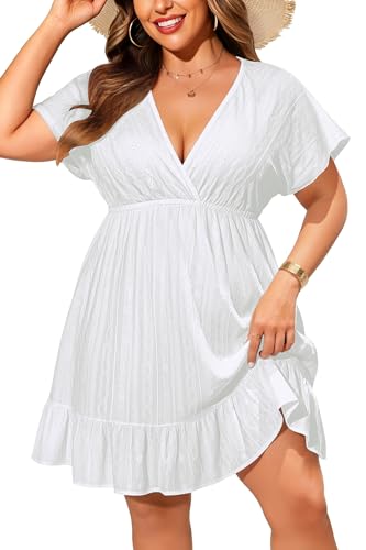 Yonique Plus Size Swimsuit Cover Up Women - V Neck Swimwear Short Sleeve Coverups Ruffle Hem Beach Dress 2026 White 18W