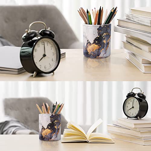 Image of Round Leather Pen Holder for Desk, Gold Marble