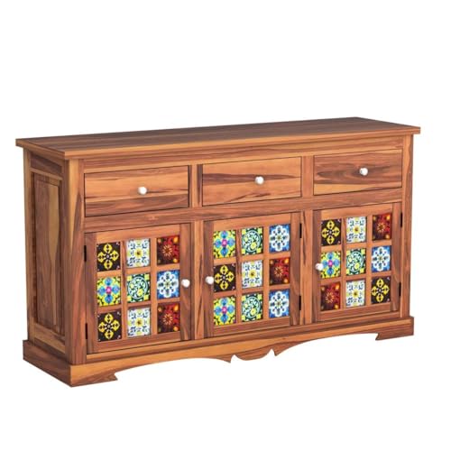 Image of Sheesham Wood Sideboard and Cabinets | Wooden Side Board Tv Cabinet with Multicolor Tiles for Living Room | Free Standing Buffet Cabinet with 3 Drawers & 3 Door Storage | Natural Finish