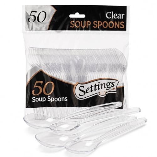 Settings Clear Plastic Soup Spoons 50 Count - Heavyweight Disposable Soup Spoons BPA-Free Bulk Plastic Cutlery for Parties Weddings Catering & Everyday Use