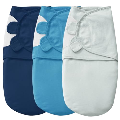 Image of david's kids 100% Cotton 3 Pack Baby Swaddle Wrap for 0-3 Months, Soft Swaddle Blanket for Newborn Infant, Adjustable Baby Wrap Sleep Sacks for Boys Girls, Newborn Essentials, Grey & Blue & Indigo