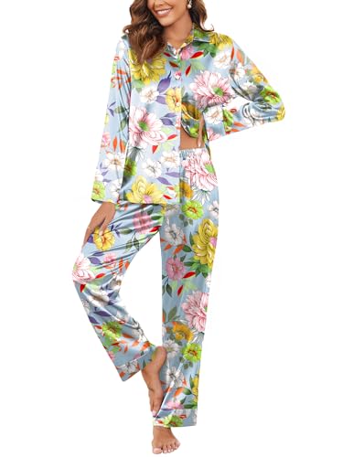 Ekouaer Classic Satin Pajamas for Women Long Sleeve Button Down Sleepwear Soft Silk Loungewear Pjs Set S-XXL