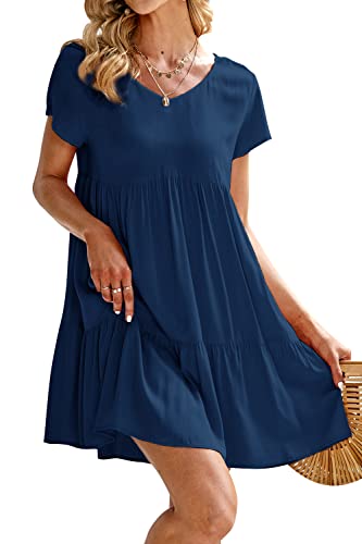 Image of Fangetey Women's V-Neck Tunic Dresses Short Sleeve Button Down Loose Casual Summer Short Flowy Swing Dress