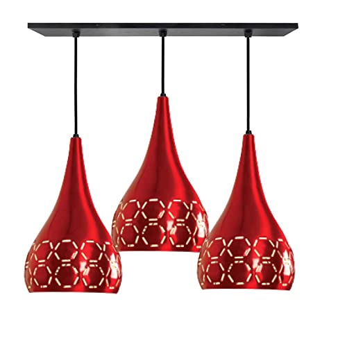 Image of GreyWings Metal Cut 3 Light Linear Hanging Light Ceiling Pendant Lamp, 6 inch Small, Red