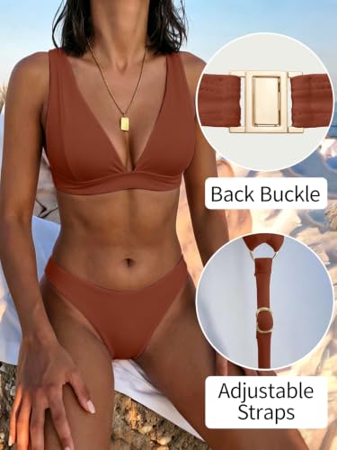 Image of Bathing Suits for Women Deep V Neck Sexy Two Piece Bikini Sets for Women Thong Halter Cheeky Swimsuit