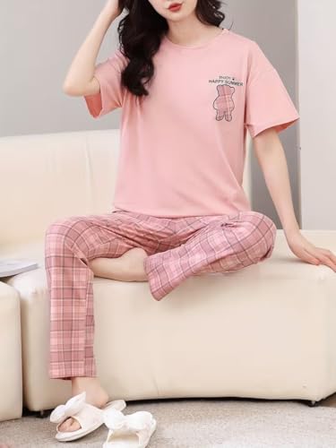 Image of SHIENZY Women Korean Style Night Suit | Round Neck Short Sleeve Cute Printed Cotton Pajama Set for Girls & Women | Soft Nightwear, Loungewear, Sleepwear for Women | Full Pyjama Set | Co-ord Set