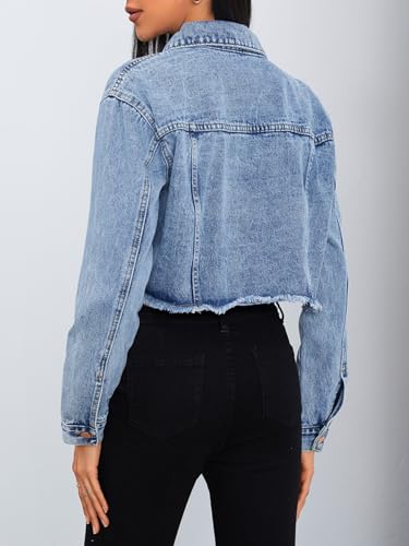 MakeMeChic Women's Crop Denim Jacket Casual Long Sleeve Ripped Frayed Hem Jean Jackets2