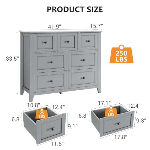 GarveeHome Grey 7 Chest of Drawer Dresser, Modern Storage Cabinet, Wood Organizer TV Stand for 48 inch TV, Bedroom, Living Room, Entryway