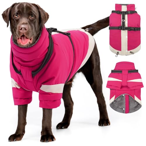 Image of MIGOHI Reflective Dog Winter Coat,Warm Dog Jacket with Harness,XL,Rosered | Fleece Dog Snow Suit for Large Dogs,Waterproof Pet Puffer Jacket Snowsuit,Windproof Pet Clothes for Cold Weather,Australian
