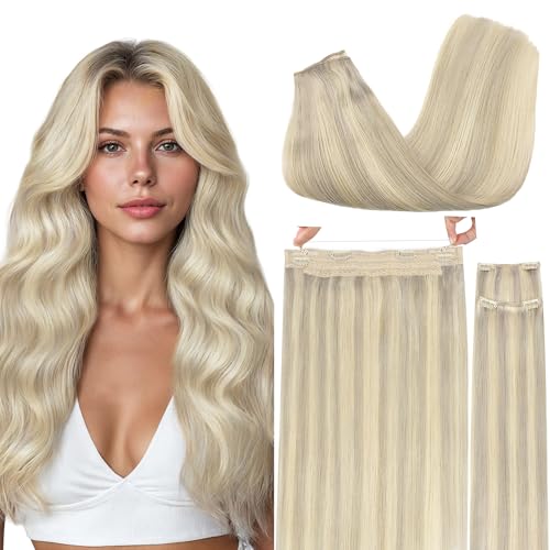 GOO GOO Wire Hair Extensions Human Hair, 17A/60A Ash Blonde mix Platinum Blonde Highlighted 20inch 140g, Invisible Wire Hair Extensions with Transparent, Seamless Fish Line Hairpiece