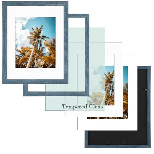 Image of Frametory, 11x14 Picture Frame with Mat for 8x10 Photo - High Definition Glass Wide Molding - Preinstalled Wall Mounting Hardware (Blue, 4 Pack)