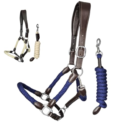 Buenarate - Licol cheval avec longe cheval - equitation cheval equipement - licol premium cuir et coton 100% - Têtière anatomique - Full Size