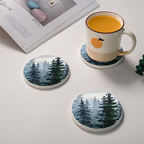 Huxjoko Coasters For Drinks Set Of 6,Watercolor Pine Forest Mountains Absorbent Ceramic Coaster,Round Stone Mat,With Cork Base And Metal Holder For Coffee Table Room Bar Home Decor Housewarming Gifts thumb #3