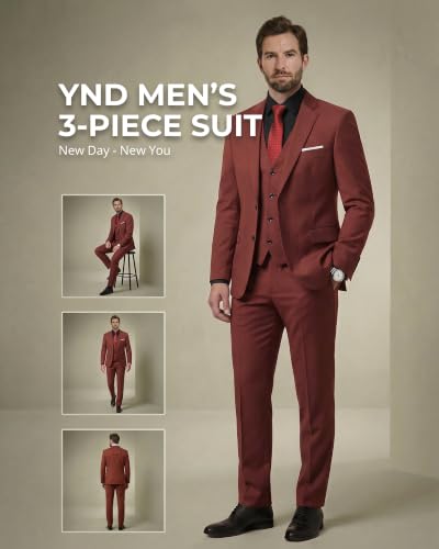 Image of YND Men's 3 Piece Suit with Tie, Solid Color Slim Fit Jacket Vest and Pants