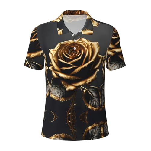 HDSKFNS Polo de golf à manches courtes pour homme avec imprimé fleurs noires et dorées, noir, XX-Large