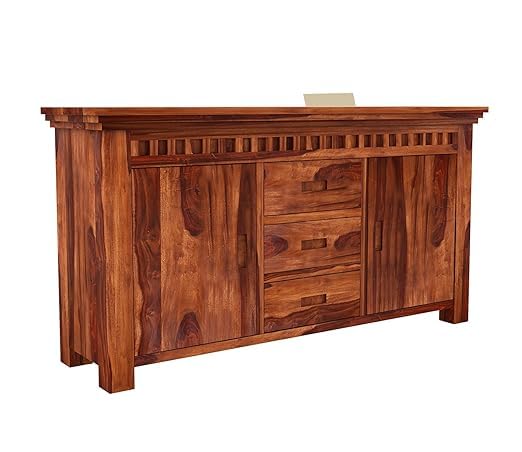 Image of SHIKHA WOOD CRAFT Sheesham Wood Sideboard Storage Cabinet with 3 Drawer and 2 Door Storage for Living Room Home Office Kitchen (Natural Honey Finish)