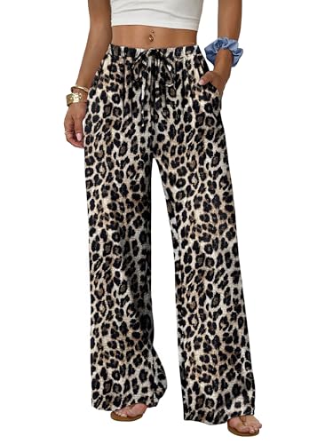 Aokosor Wide Leg Trousers for Women UK Flowy Palazzo Drawstring Elastic Waist Ladies Trousers Womens Clothing Leopard Print M