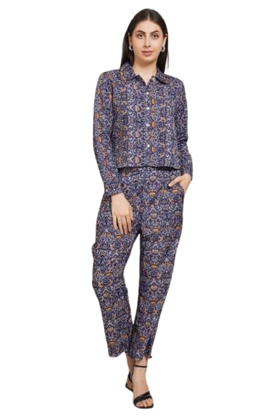 Women’s Printed Co-ord Set | Poly Crepe Two-Piece Outfit with Cropped Shirt & High-Waist Pants | Lightweight Boho Style for Casual